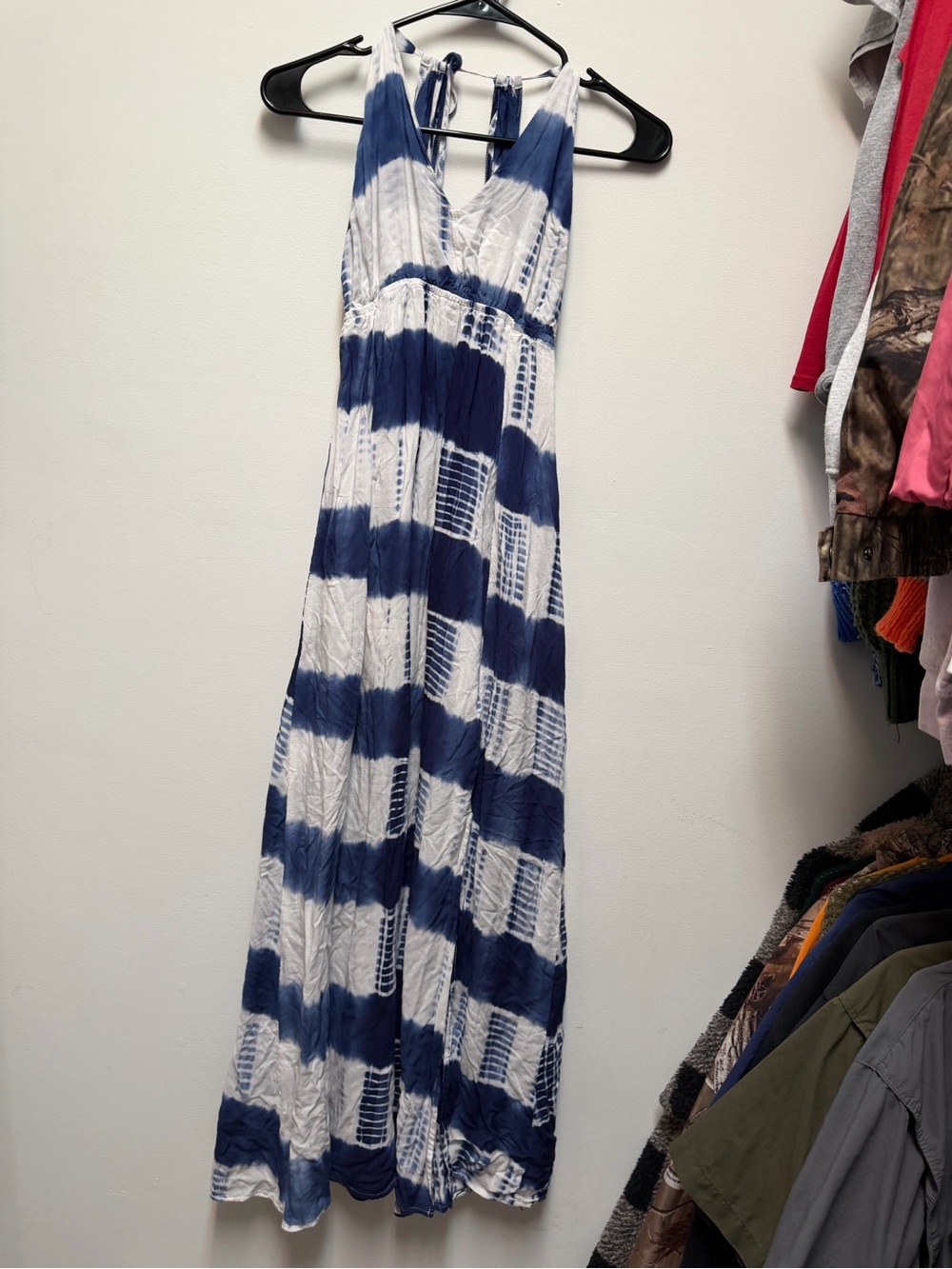 white birch Navy and White Tie-Dye Halter Maxi Dress